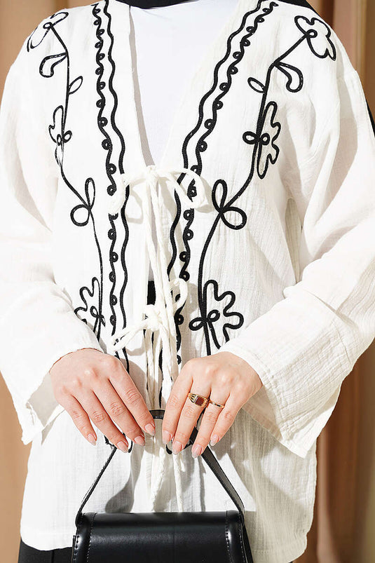Front Embroidered Drawstring Muslin Kimono Ecru
