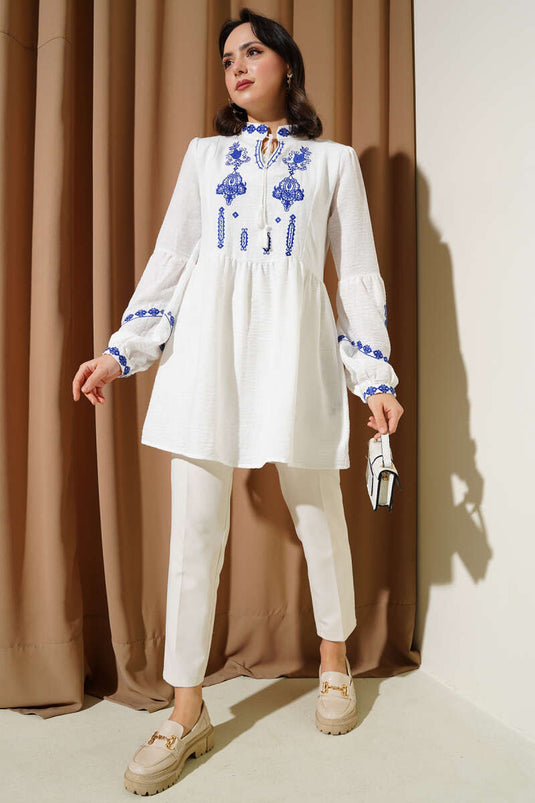 Embroidered Front Balloon Sleeve Linen Tunic White