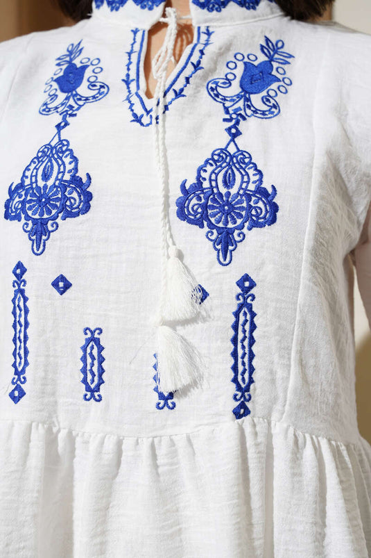 Embroidered Front Balloon Sleeve Linen Tunic White