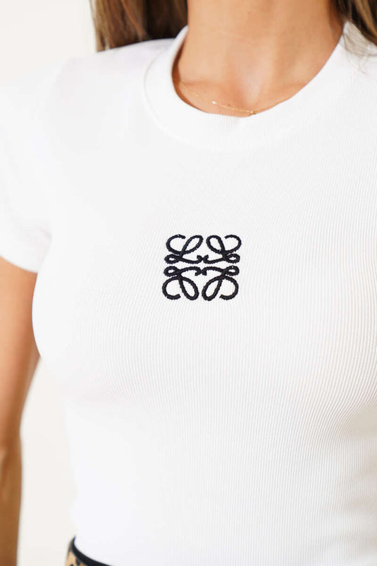 Front Embroidered Short Sleeve Camisole Crop White