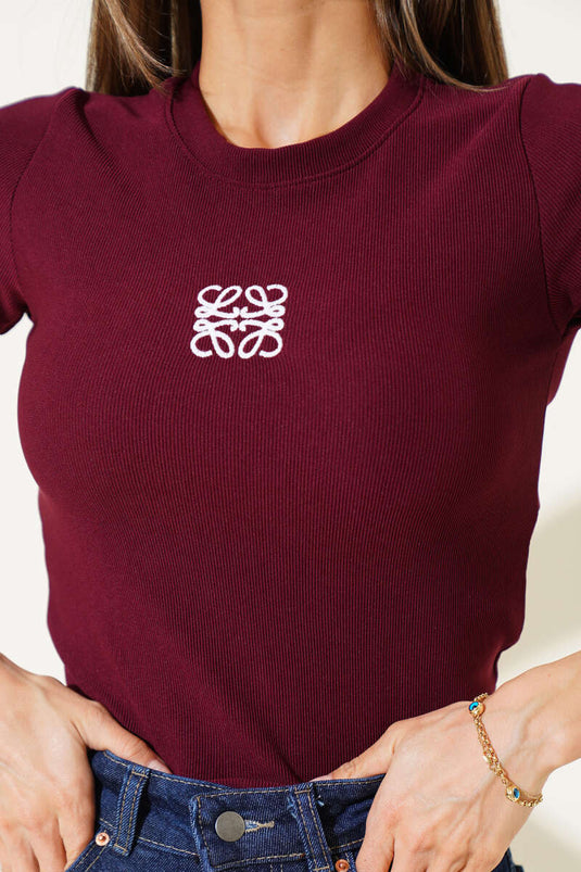 Front Embroidered Short Sleeve Camisole Crop Burgundy