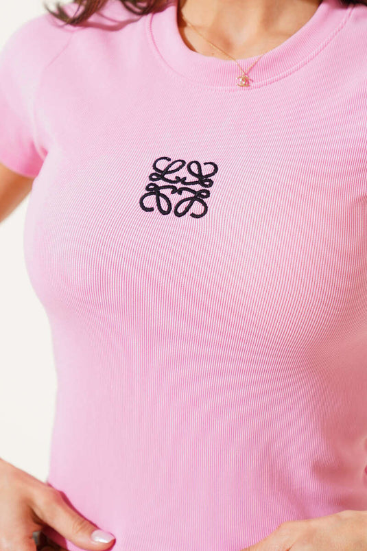 Front Embroidered Short Sleeve Camisole Crop Pink