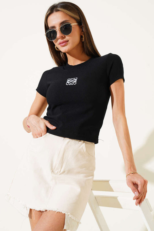 Front Embroidered Short Sleeve Camisole Crop Black
