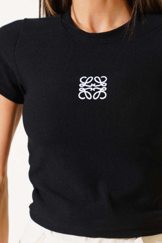 Front Embroidered Short Sleeve Camisole Crop Black