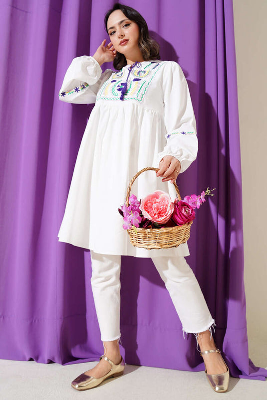 Embroidered Fringed String Tunic Lilac