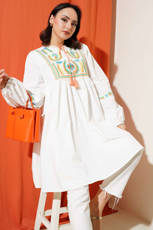 Embroidered Front Tassel String Tunic Orange