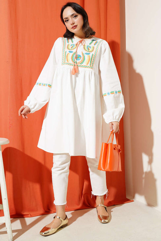 Embroidered Front Tassel String Tunic Orange