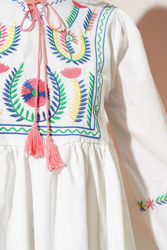 Embroidered Front Tassel String Tunic Pink