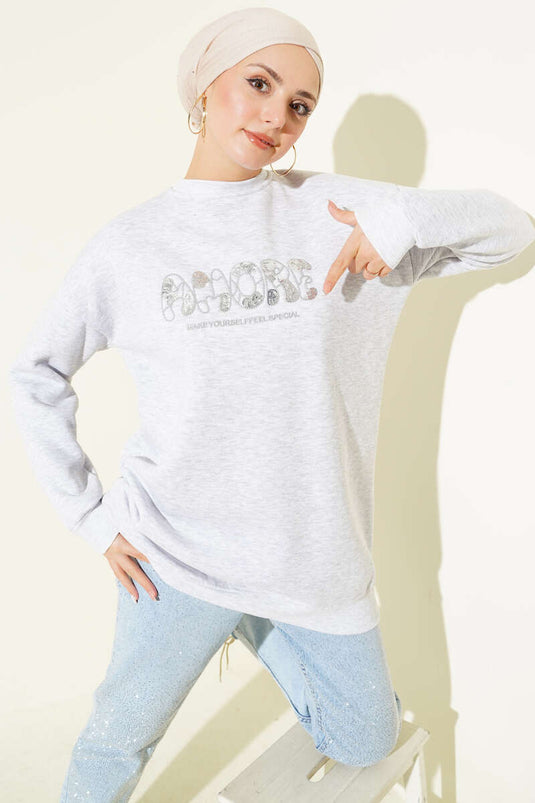 Önü Nakışlı Üç İplik Tunik Gri