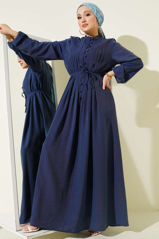 Robe boutonnée en tissu côtelé devant, bleu marine