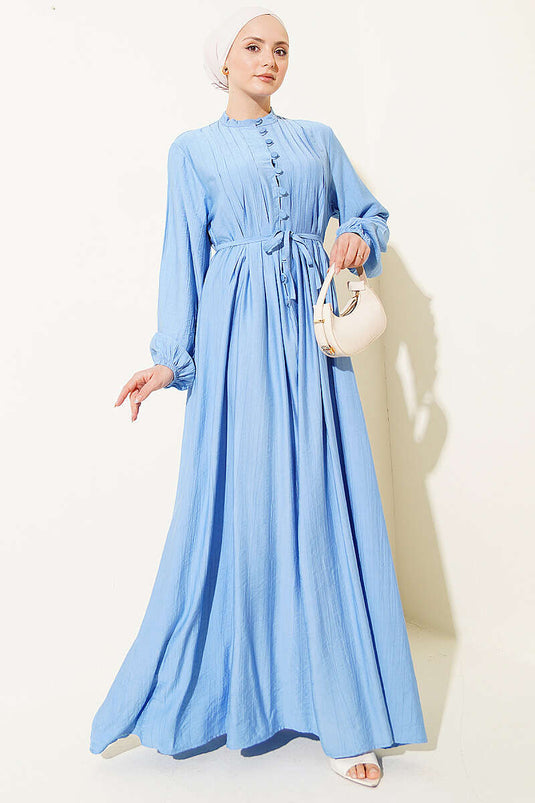 Robe boutonnée en tissu côtelé bleu devant