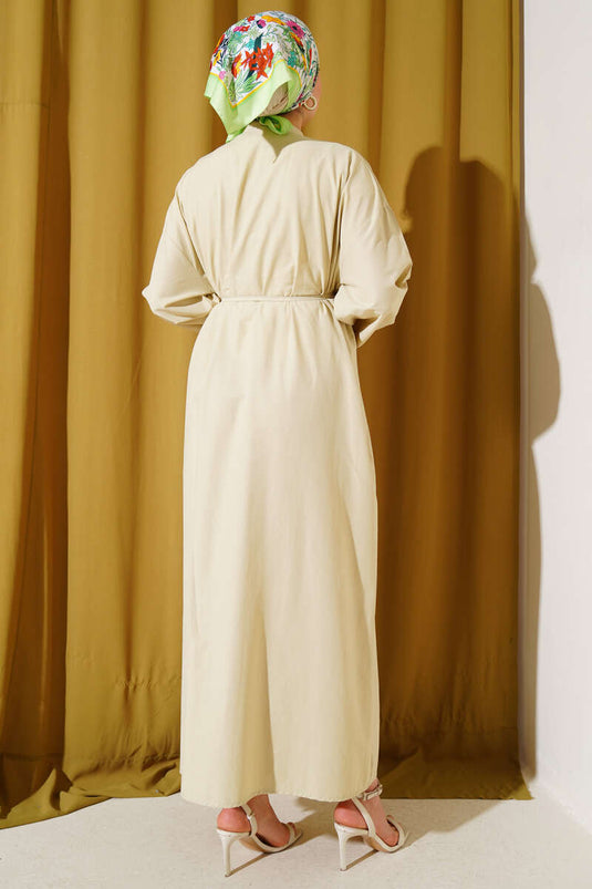 Front Ribbed Rope Belted Dress Beige