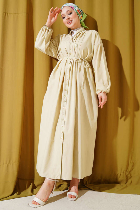 Front Ribbed Rope Belted Dress Beige