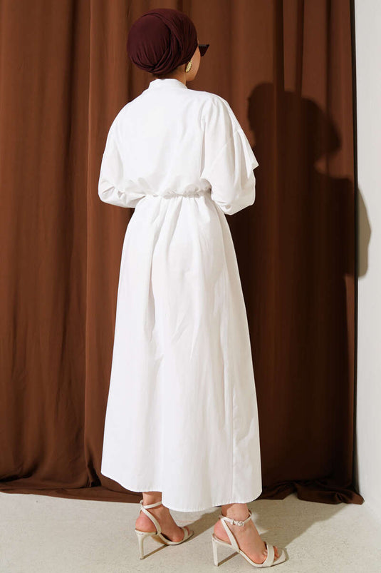 Önü Nervürlü İp Kuşaklı Elbise Beyaz