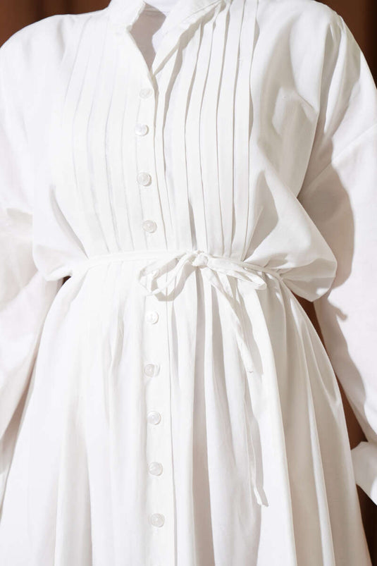 Önü Nervürlü İp Kuşaklı Elbise Beyaz