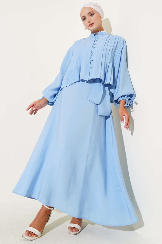 Front Pleated Brit Buttoned Skirt Suit Blue