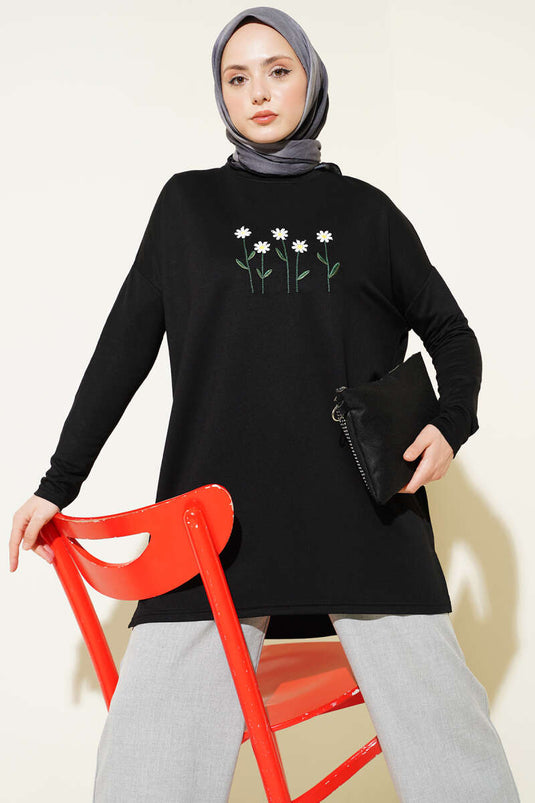 Front Daisy Embroidered Tunic Black