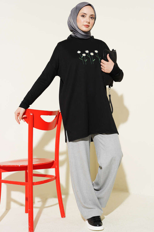Front Daisy Embroidered Tunic Black