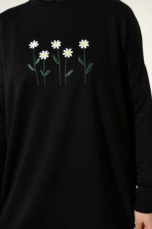 Front Daisy Embroidered Tunic Black