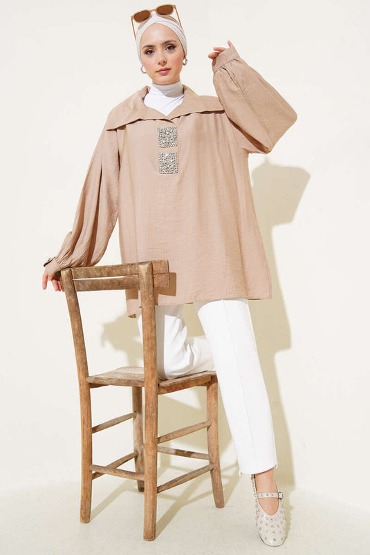 Oversized Tunic with Bright Stones in Beige