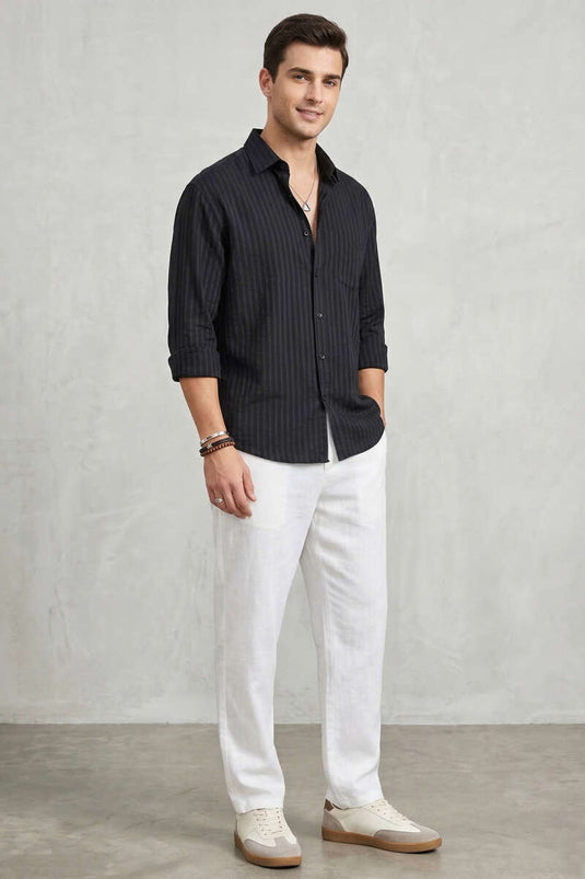 Chemise en lin rayée à boutons pour homme, noire