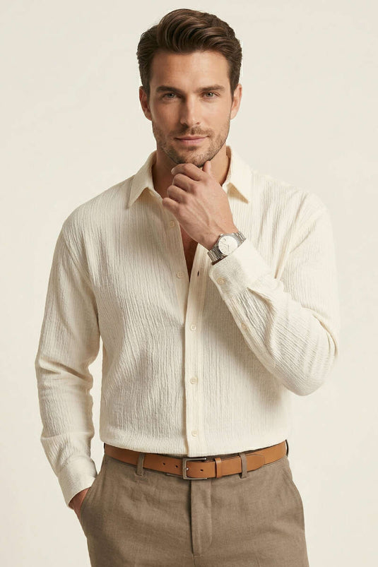 Chemise homme en lin crème avec boutons sur le devant