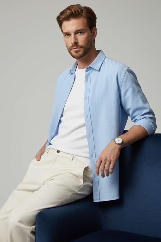Front Button Linen Men's Shirt Blue