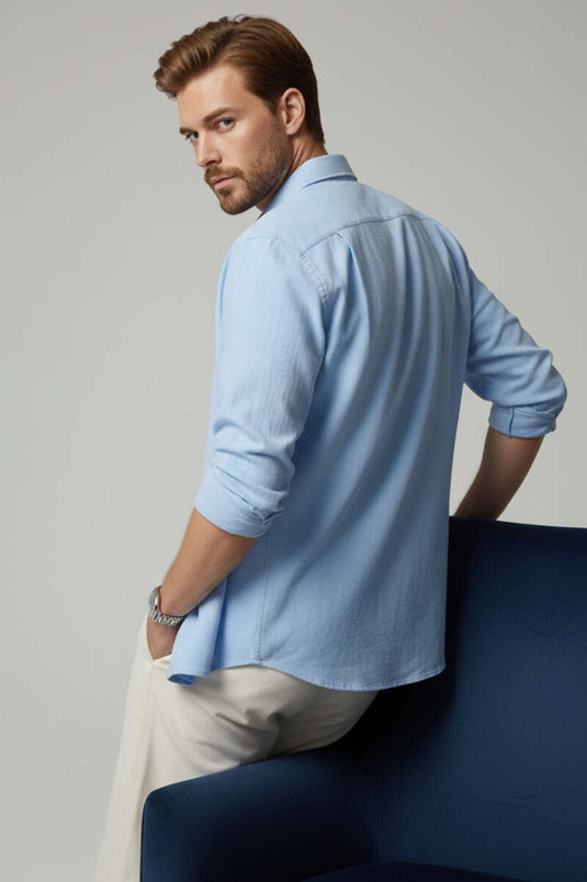 Front Button Linen Men's Shirt Blue