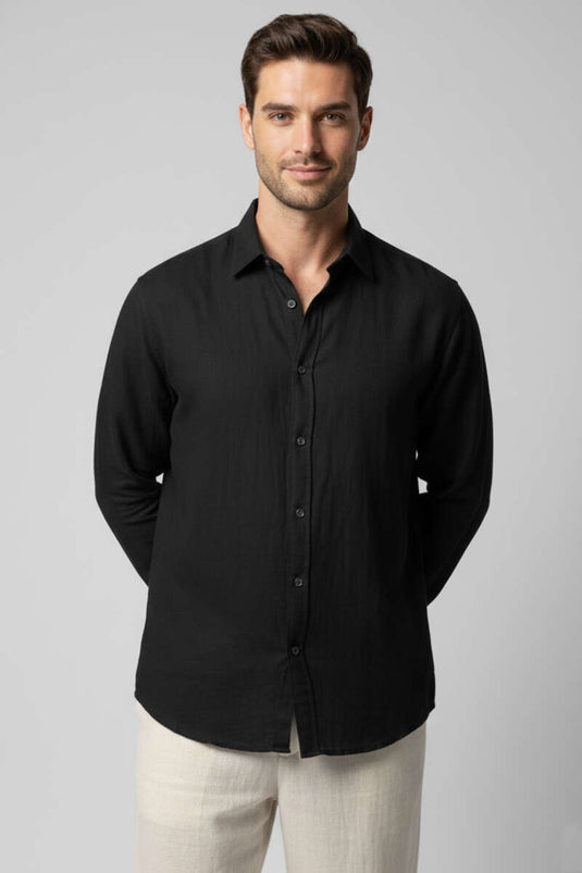 Chemise homme en lin à boutons noirs