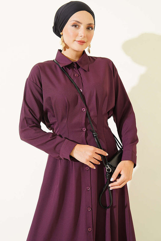 Plisse Detail Front Dress In Plum