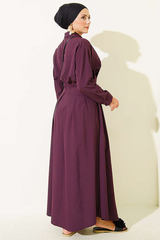 Plisse Detail Front Dress In Plum