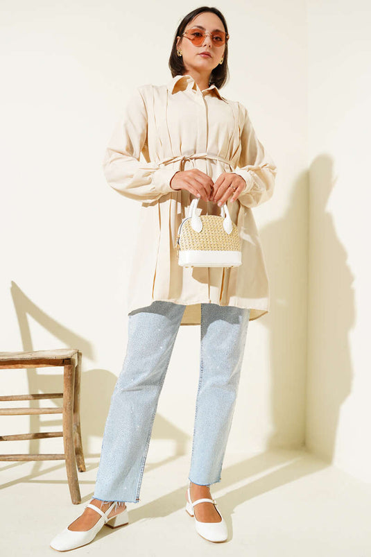 تونيك بحزام من الأمام بلون بيج