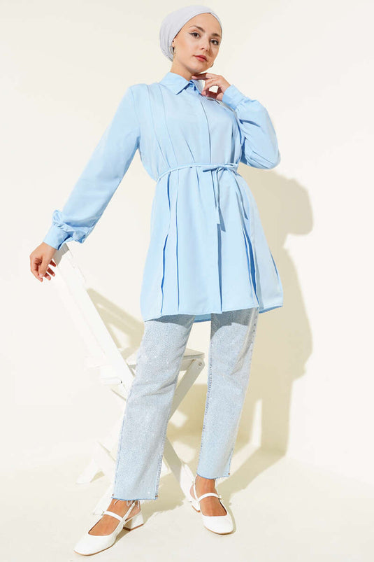 Front Darted Rope Belted Tunic Ice Blue