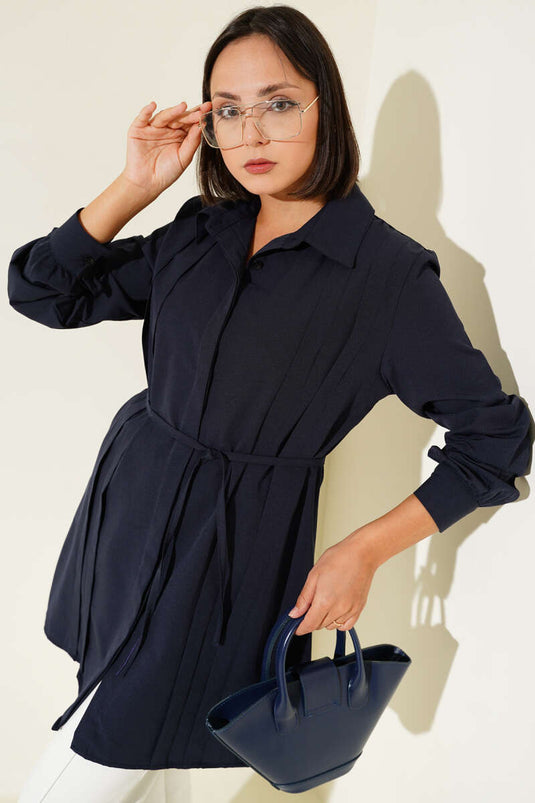 Front Darted Rope Belted Tunic Navy Blue