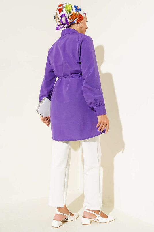 Önü Pensli İp Kuşaklı Tunik Mor