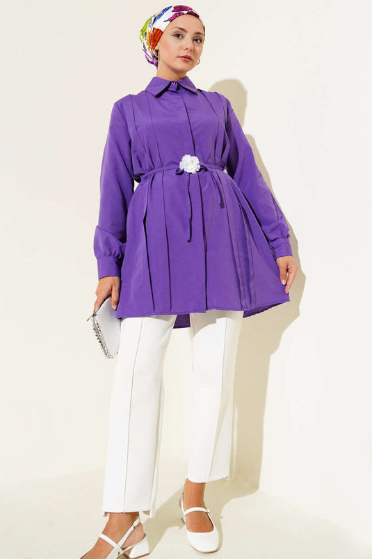 Önü Pensli İp Kuşaklı Tunik Mor