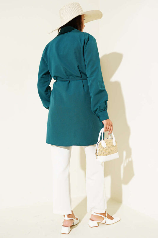 Önü Pensli İp Kuşaklı Tunik Zümrüt