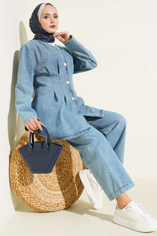 Önü Penslİ Kot İkili Takım Açık Mavi