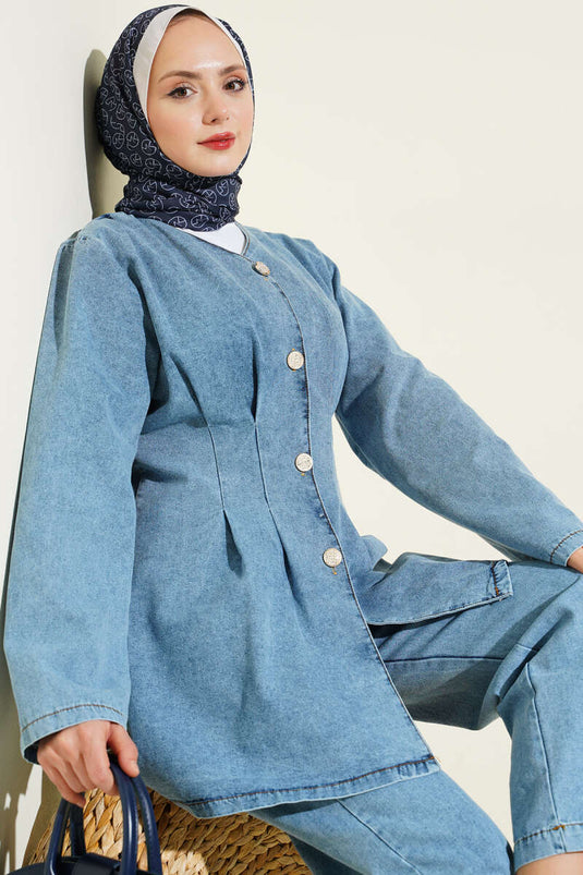 Önü Penslİ Kot İkili Takım Açık Mavi