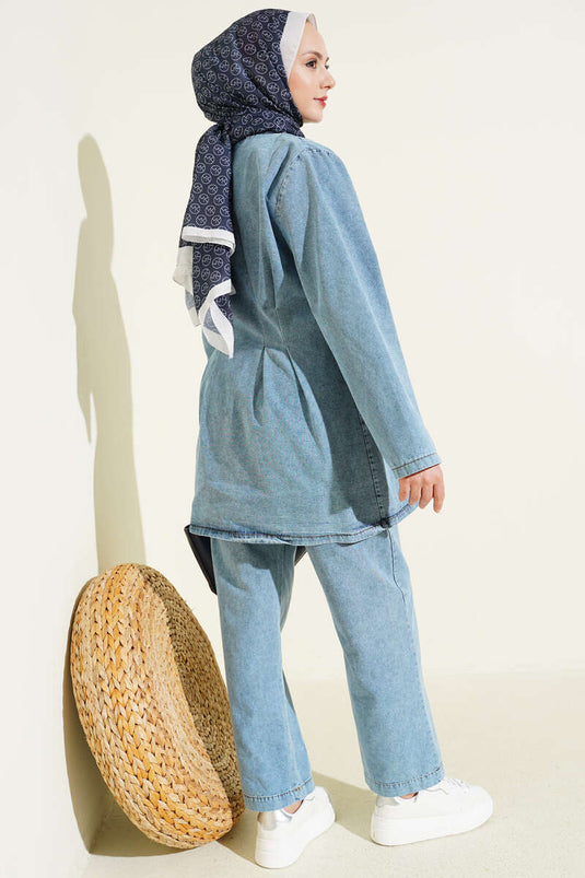 Önü Penslİ Kot İkili Takım Açık Mavi