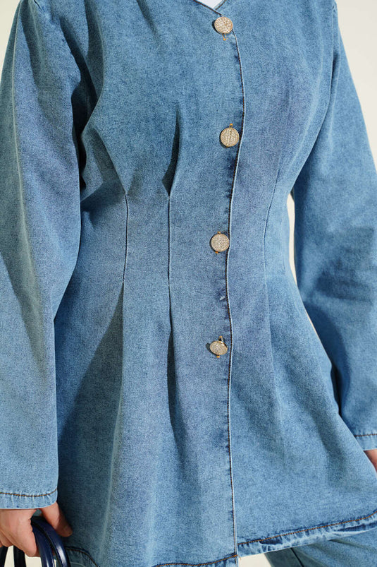 Önü Penslİ Kot İkili Takım Açık Mavi