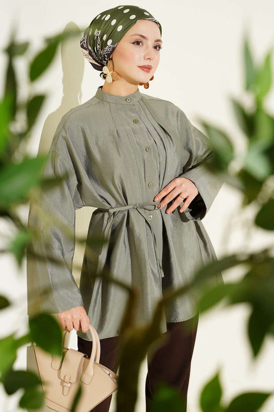 Front Pleated Parachute Shirt Khaki