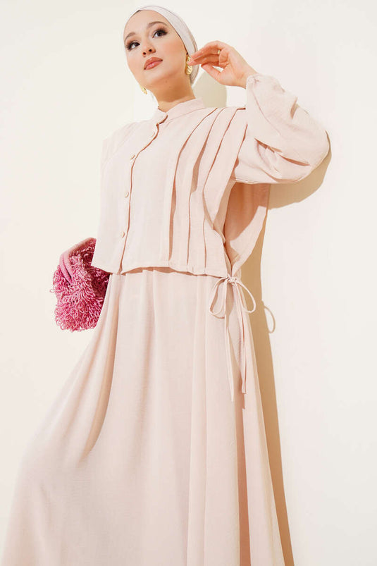 Önü Pile Detaylı Bolerolu Elbise Bej