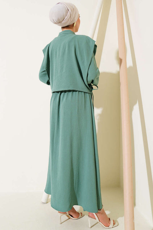 Dress with Front Pleated Detail and Bolero in Pistachio Green