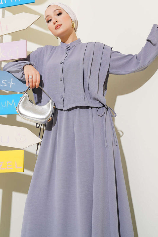 Önü Pile Detaylı Bolerolu Elbise Gri