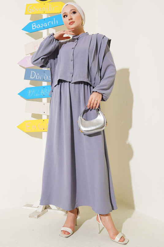 Önü Pile Detaylı Bolerolu Elbise Gri