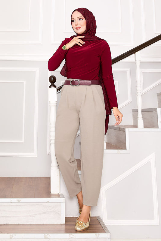 Önü Pile Detaylı Cepli Pantolon Taş