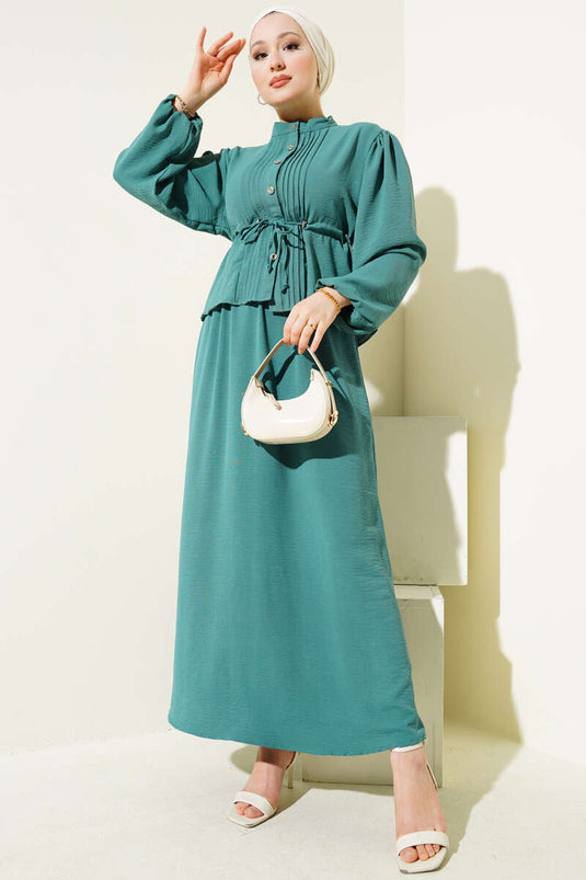 Önü Pileli Bel Tünelli Etekli Takım Yeşil