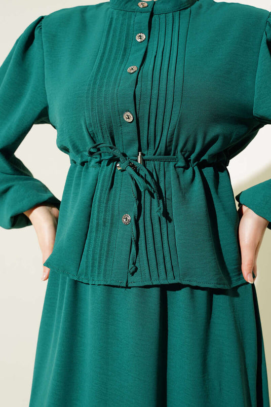 Önü Pileli Bel Tünelli Etekli Takım Zümrüt