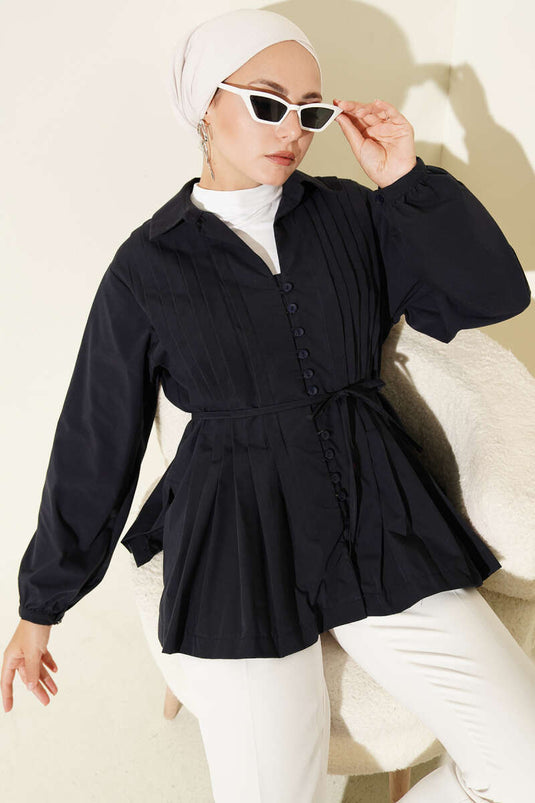 Önü Pilelİ Brit Düğmeli Gömlek Lacivert